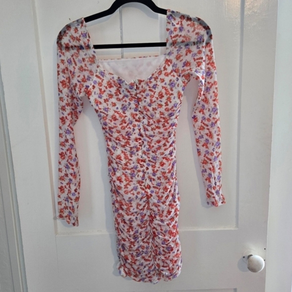 Forever 21 Multicolor Floral Long Sleeve Fitted Dress With Sheer Sleeves, Small - Picture 2 of 6